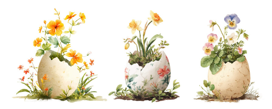 Cracked eggshell with delicate botanical flowers and spring blossoms. Easter and spring elements hand drawn illustration. Eggshell with flowers. Vector illustration.