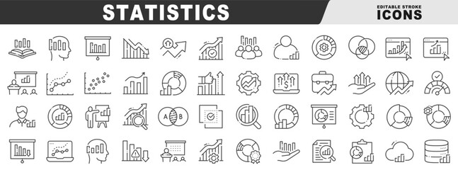 Statistics and analytics icons: data charts, graphs, dashboards, KPIs, forecasts, reports, presentations, metrics, performance, business growth, editable vector outline stroke