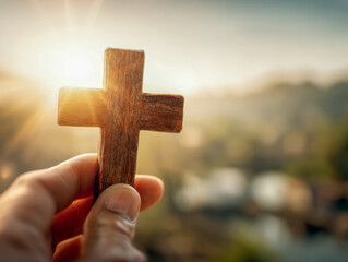 Hand holding a wooden cross symbol with sun rays shining through, evoking faith and hope in a blurred natural outdoor background at sunrise or sunset