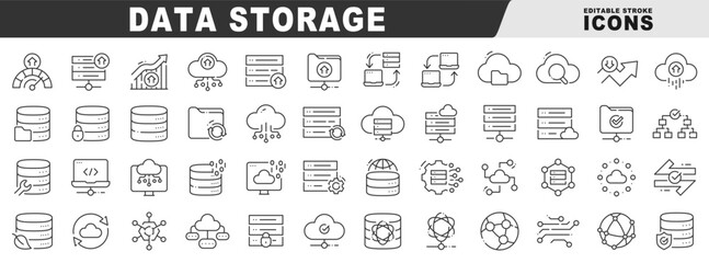 Outline data storage icons featuring cloud, database, server backup, sync, migration, replication, security, analytics, scalability, multicloud, monitoring, versioning, compliance dashboard