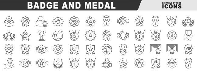 Clean badge and medal icons: award, trophy, star, VIP, verified, laurel, ranking, certificate. Outline line style with editable stroke collection