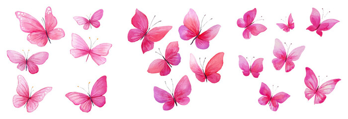 Fototapeta premium Watercolor set of pink butterflies. Cute spring and summer butterflies flying. Romantic hand drawn floral butterflies. Spring holiday butterflies. Vector illustration.