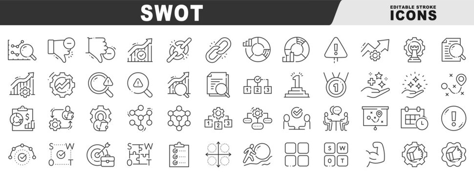 SWOT analysis line icons for business strategy and planning, matrix quadrants, strengths, weaknesses, opportunities, threats, KPI performance, optimization, management workflow
