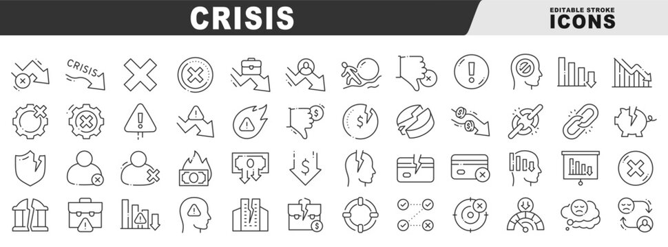 Vector outline icons illustrating crisis risk warning decline recession bankruptcy payment failure outage stress downtime breach volatility editable stroke finance