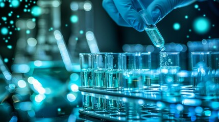 Gloved hand holds a test tube in a lab, representing precision in medical diagnostics and research