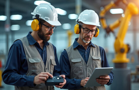 Two male engineers in hard hats and safety earmuffs work on robotic arm controls. One holds controller, other tablet, in modern factory. Their focus is on automated manufacturing process.
