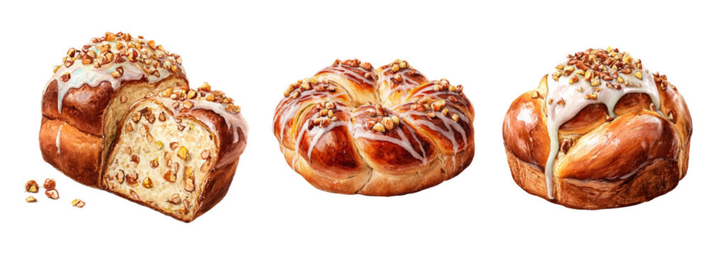 Watercolor Easter bread with cream glaze and seeds. Sweet illustration of braided challah, perfect for spring holiday bakery projects, Passover, Jewish Shabbat celebrations.