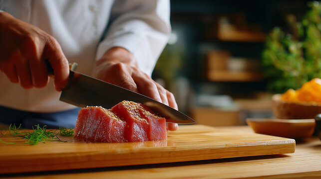 Sushi chef slicing tuna loin with yanagiba knife on clean board, precise technique, minimalist Japanese kitchen, with copy space - Powered by Adobe