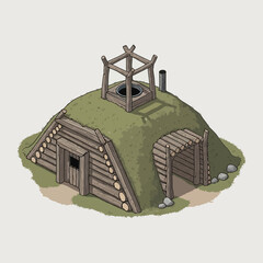 Isometric view illustration of an ancient Scandinavian earth lodge house