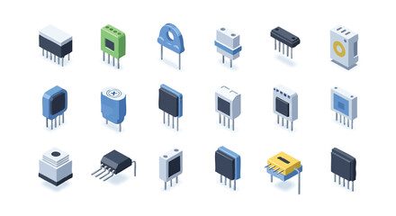 Isometric Illustration of Electronic Components on White Background Technical Concept