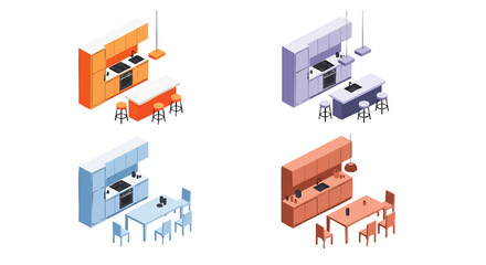 Isometric Kitchen and Dining Room Set in Various Color Schemes Designs