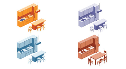 Isometric Kitchen Designs Colorful Minimalist Interior Design Concepts Isolated on White