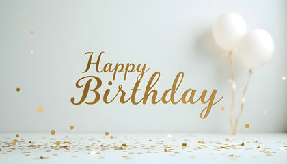 Elegant Gold Happy Birthday Script with Confetti and White Balloons on Bright Background