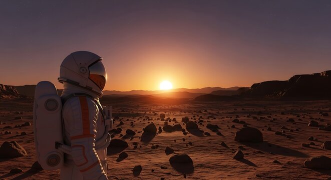 Astronaut standing on mars during sunset, gazing at the horizon with rocky terrain and a distant mountain range under a colorful sky