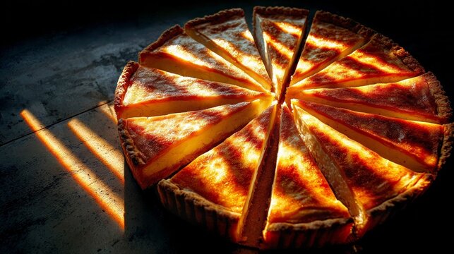 Golden custard tart cut into twelve slices glows with caramelized crust, crumbs and sunbeams in the foreground on a dark stone table, deep shadows in the background, concept for bakery advertising
