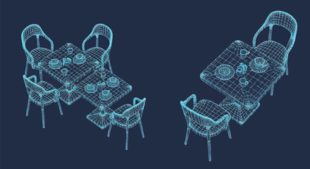 Conceptual Restaurant Tables and Chairs Wireframe Design on Dark Blue Background