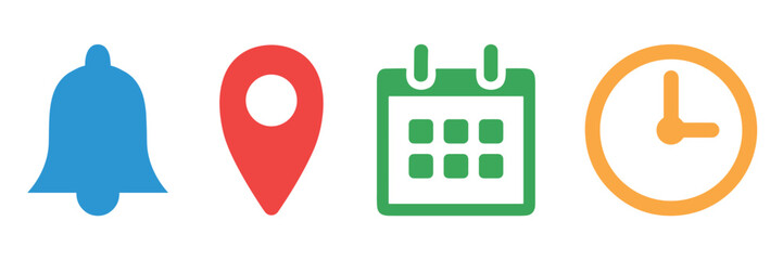 Location, time, calendar and notification bell icon set. Vector collection of date, address, alarm bell, and clock symbols for reminders, schedules, alerts. Flat illustrations for website and apps