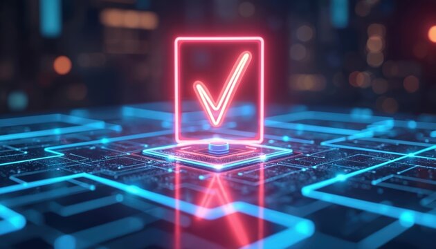 Illustration of futuristic digital voting concept. A glowing checkmark symbolizes approval on tech platform. Blockchain tech, innovation solution for election and governance system is visualized.