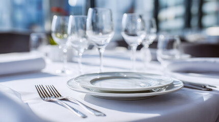 Fototapeta premium Elegant table setting with white plates, silver cutlery, and sparkling wine glasses arranged neatly on a pristine tablecloth for a formal dining experience