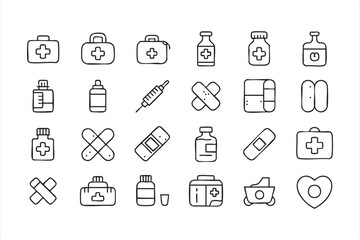 Healthcare equipment icon pack featuring medicine bottles and bandages