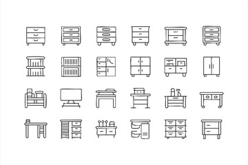 Furniture line icons for cabinets, shelving, desks, and storage units