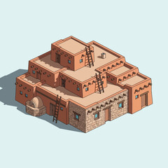 Stylized isometric adobe building, a representation of southwestern architecture
