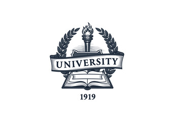 Vintage university emblem with year 1919 featuring laurel wreath and open book design