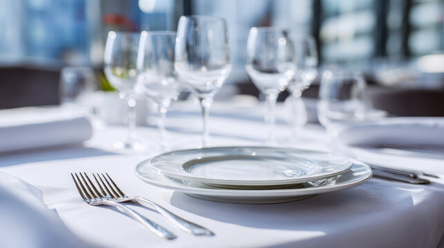 Elegant table setting with white plates, silver cutlery, and sparkling wine glasses arranged neatly on a pristine tablecloth for a formal dining experience