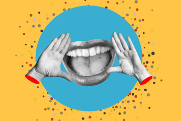 Collage of woman hands surrounding a woman open mouth in shout gesture on a blue circle on a yellow background with colored dots