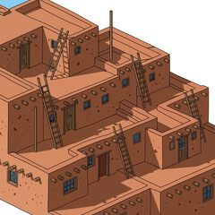 Stylized Isometric Rendering of a Traditional Pueblo Building Complex