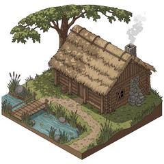 Stylized Isometric Illustration of a Secluded Log Cabin by a Creek