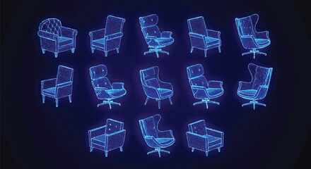 Futuristic digital collection of different chair designs glowing in blue light