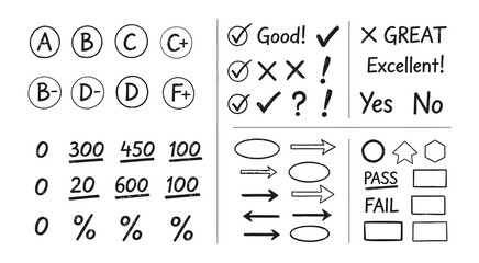 Hand-drawn marks grading symbols handwritten review assessment evaluation feedback signs icons