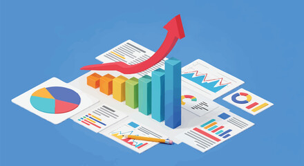 Isometric Business Analysis and Growth Concept with Charts and Arrow Up