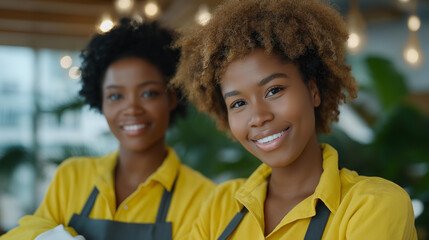 Two home cleaning professionals working together to organize and sanitize a family living space — teamwork and efficiency concept representing reliability, speed, and attention to detail in