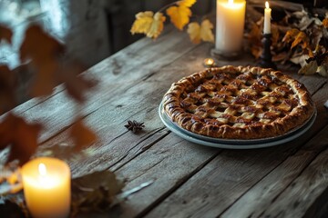An Autumn Pie beautifully displayed with Candles and Colorful Leaves on a Rustic Table