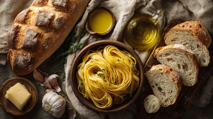 A cozy flat lay: pasta, bread, and olive oil on linen background