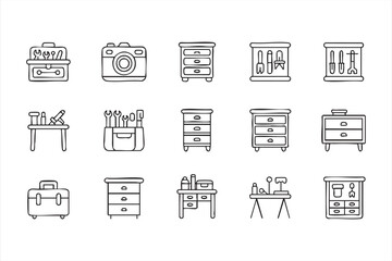 Tool storage and workbench line icons for workshop and handyman platforms
