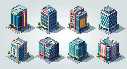 Isometric Cityscape Vector Art with Modern Commercial Buildings Collection