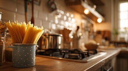 A cozy kitchen counter with pot of pasta and vintage utensils