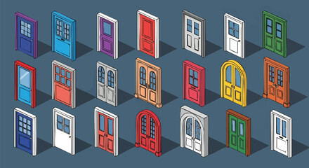 Isometric Colorful Door Collection Different Styles Architectural Designs for Home Entrance