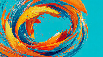 Vibrant swirling pattern of dynamic orange, yellow, and blue paint strokes creating an energetic spiral against a bright turquoise background for artistic design