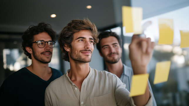 A startup team clustering sticky notes on a glass wall during a creative brainstorm session, organizing concepts into groups as sunlight streams through the office — innovation strategy, design