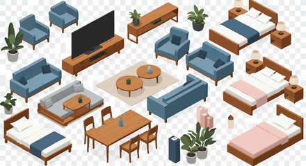 Isometric furniture set with beds sofas armchairs tables and plants indoors
