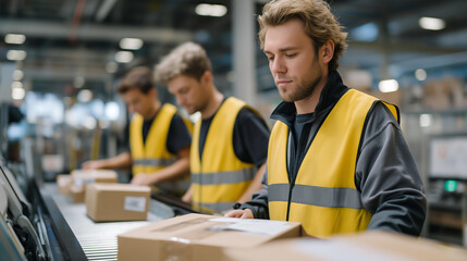 Fototapeta premium Workers in a massive distribution center scanning barcodes under bright industrial lighting, conveyor belts moving behind them in synchronized flow — high-efficiency logistics, modern inventory