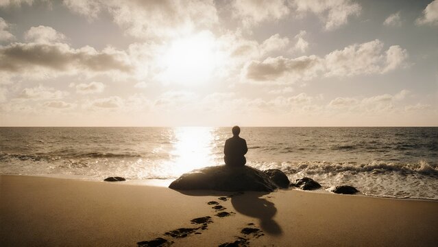 Person Sitting on Rock at Beach During Sunset