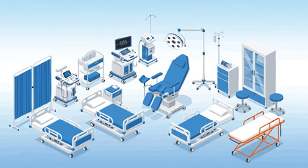 Isometric Hospital Room with Medical Equipment and Beds Vector Illustration
