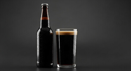 A dark brown beer bottle stands next to a glass of dark stout beer with a frothy head on a dark background.