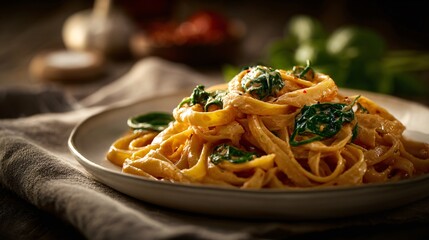 A creamy pasta dish served on linen cloth, dark moody light