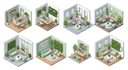 Isometric Illustrations of Modern Office Spaces with Green Plants and Natural Light